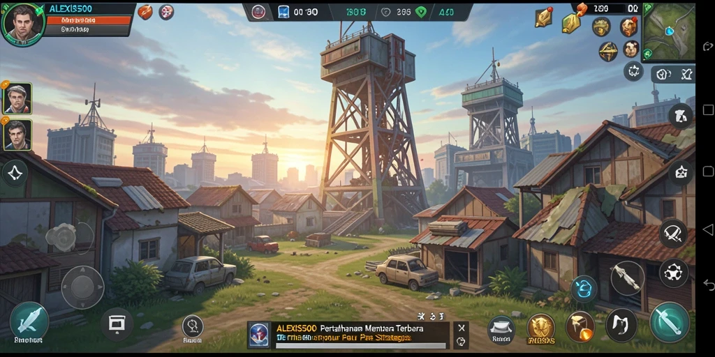 Gambaran gameplay strategis dalam ALEXIS500 dengan menara pertahanan yang beragam.