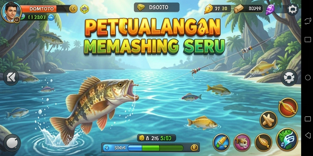 Screenshot gameplay DOMTOTO menampilkan aksi memancing yang seru dan beragam lokasi menarik.