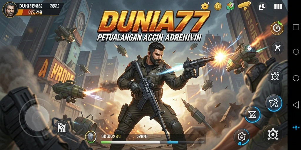 Gameplay DUNIA77 menampilkan aksi tembak-menembak yang seru.