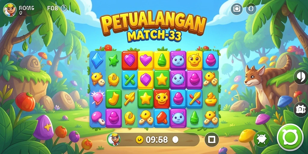 Screenshot gameplay F08 menunjukkan permata berwarna cerah yang sedang dicocokkan.