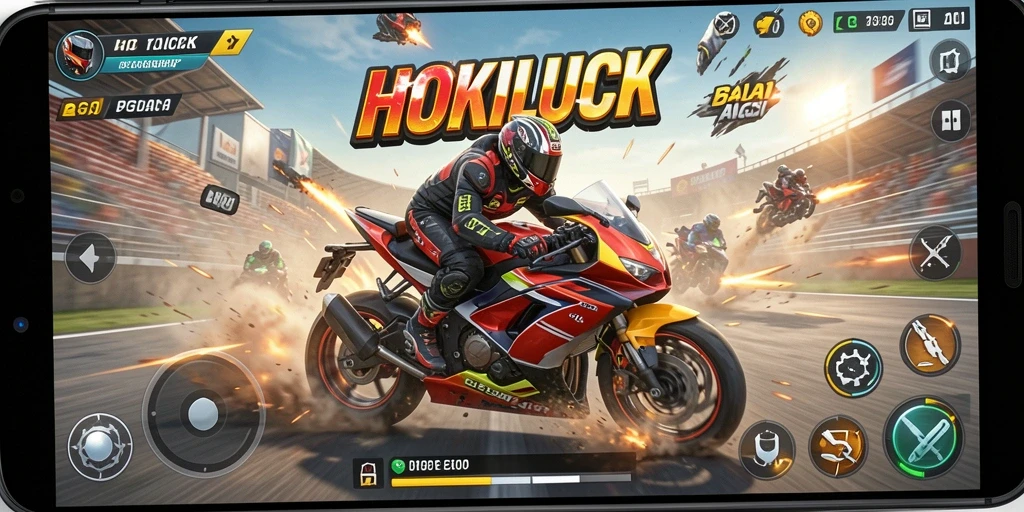 Screenshot inti menampilkan aksi balapan motor yang mendebarkan.