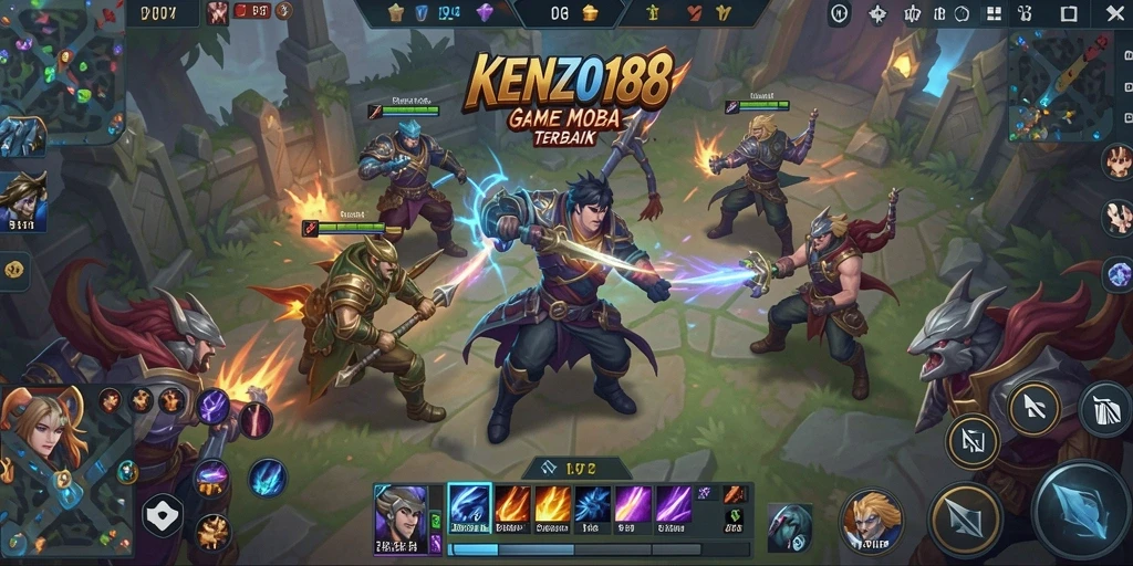 Screenshot KENZO188 menampilkan pertarungan tim yang mendebarkan dalam arena MOBA.