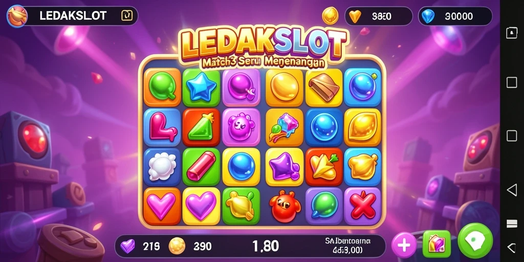 Tampilan berwarna-warni dari gameplay <strong>LEDAKSLOT</strong> dengan level-level menantang.