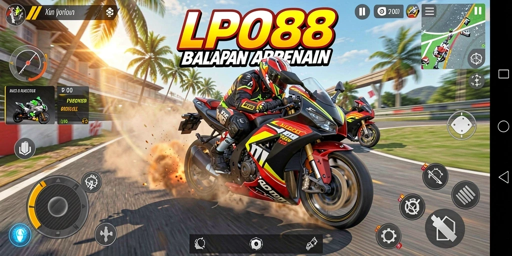 Screenshot gameplay LPO88 menampilkan balapan motor yang intens.