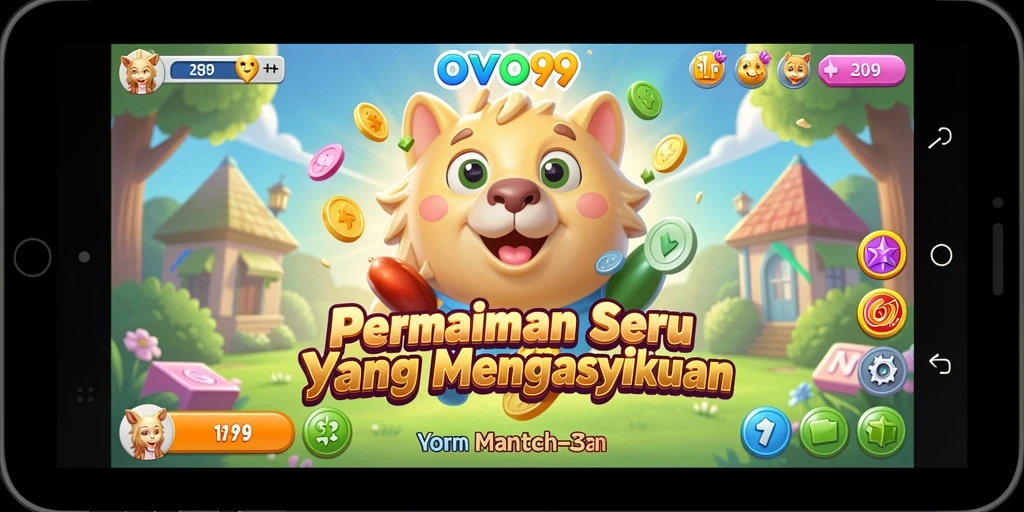 Tangkapan layar OVO99 menunjukkan gameplay seru Match-3 dengan grafik yang cerah.