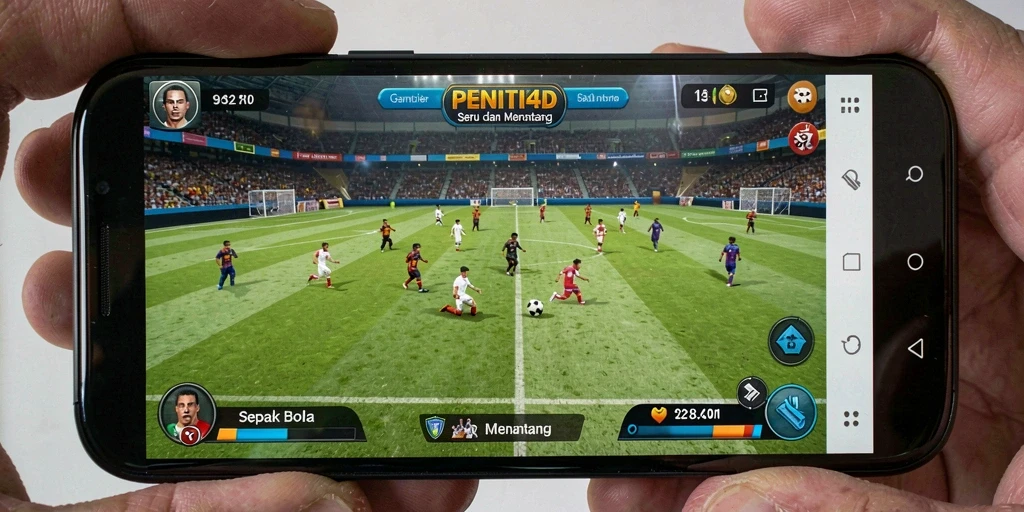 Screenshot gameplay PENITI4D menampilkan aksi dinamis di lapangan sepak bola.