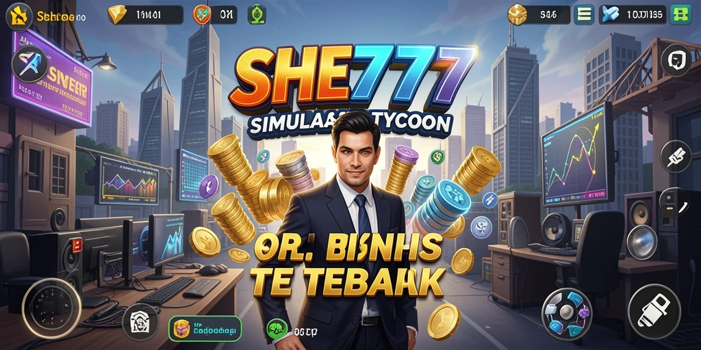 Tangkapan layar gameplay SHE777 menunjukkan aksi manajemen bisnis yang seru.
