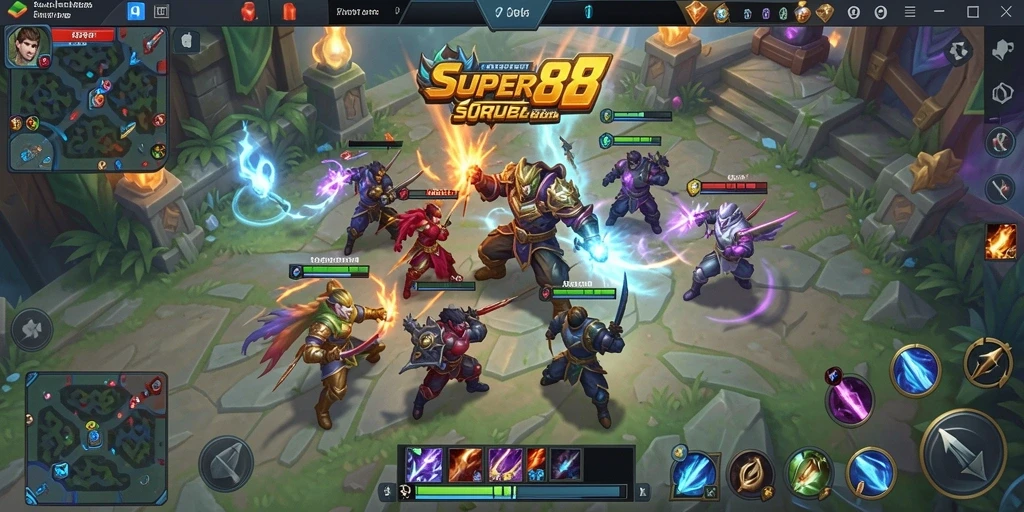 Screenshot gameplay SUPER88 menampilkan aksi seru pertarungan tim MOBA.