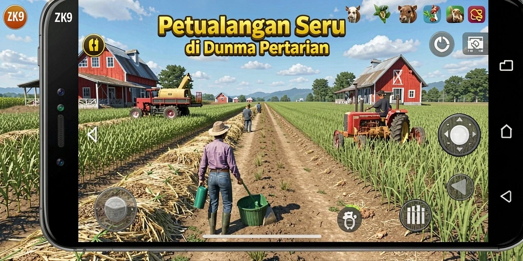 Screenshot ZK9 menampilkan gameplay seru dengan pertanian yang subur.